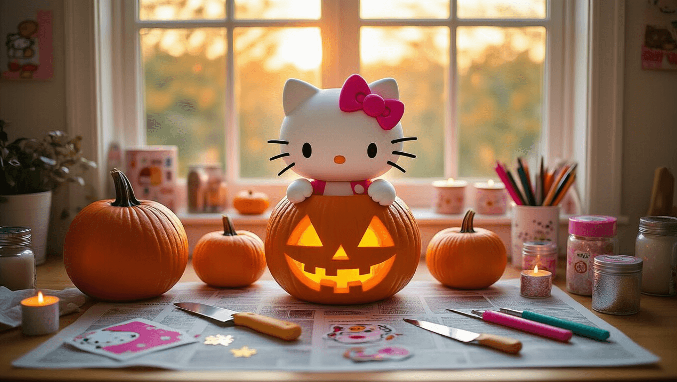 Cozy pumpkin carving workspace featuring Hello Kitty tools, medium orange pumpkins, pink stencils, and scattered Sanrio stickers, all illuminated by warm golden hour sunlight.