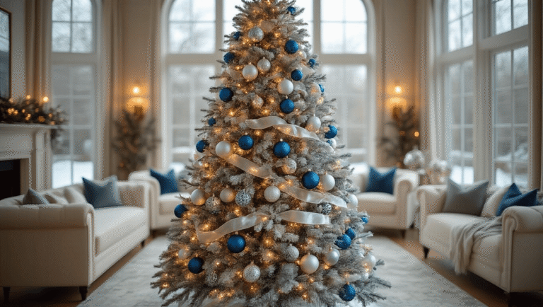 How to Style a Blue Christmas Tree That'll Make Your Neighbors Green with Envy Cinematic overhead shot of an elegantly styled ice-blue flocked Christmas tree with silver, white, and blue ornaments, warm white lights, and platinum ribbon, set in a sophisticated living room with cream furniture and marble accents, featuring a cozy winter wonderland aesthetic.