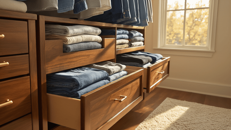 Transform Your Closet Forever: The KonMari Folding Method That Actually Works Close-up of organized dresser drawers with neatly folded clothes using the KonMari method, illuminated by warm golden hour light, showcasing rich walnut wood grain and soft cotton fabrics in a cozy bedroom setting.