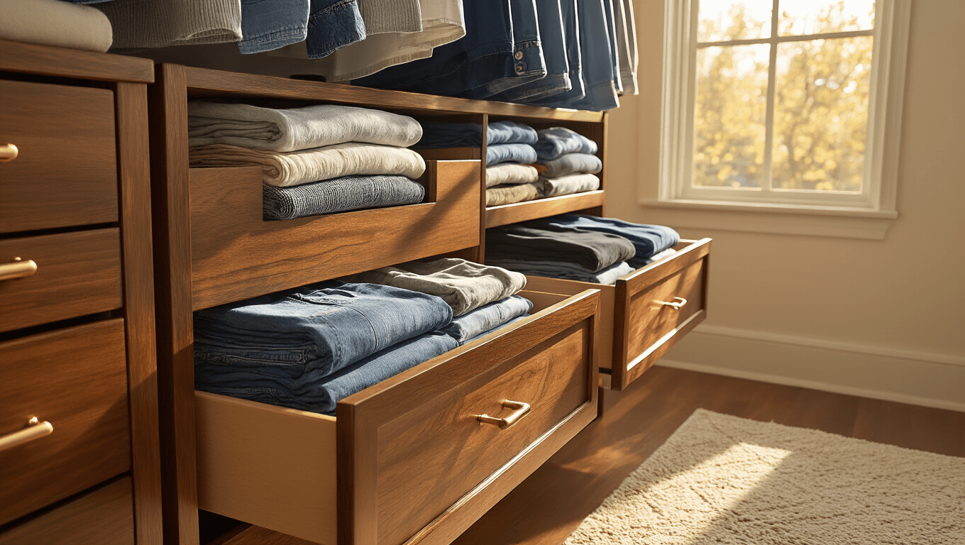 Close-up of organized dresser drawers with neatly folded clothes using the KonMari method, illuminated by warm golden hour light, showcasing rich walnut wood grain and soft cotton fabrics in a cozy bedroom setting.