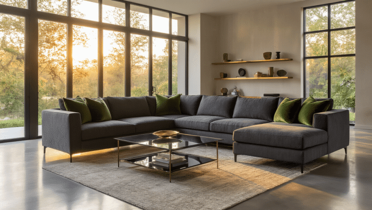 Finding Your Perfect Sofa: A Complete Guide to Every Style That Actually Matters Cinematic wide-angle shot of a luxurious charcoal gray sectional sofa in a contemporary living room, featuring golden hour sunlight, a modern glass coffee table, sage green velvet throw pillows, and polished concrete floors.