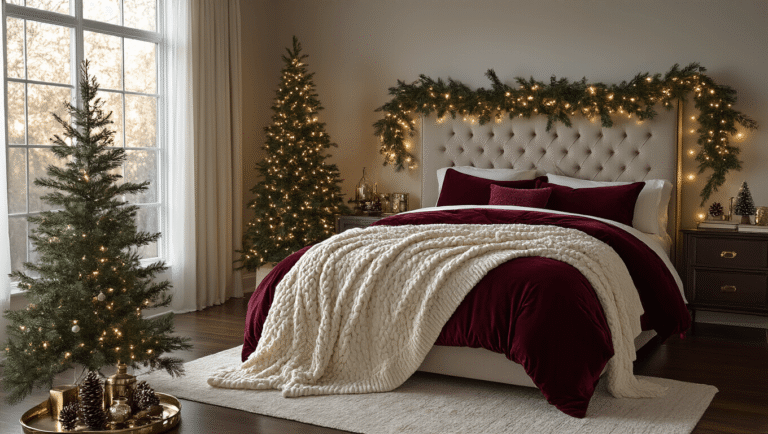 Luxurious Christmas bedroom with burgundy velvet bedding, evergreen garland, fairy lights, and warm wood accents, creating an inviting winter wonderland ambiance.