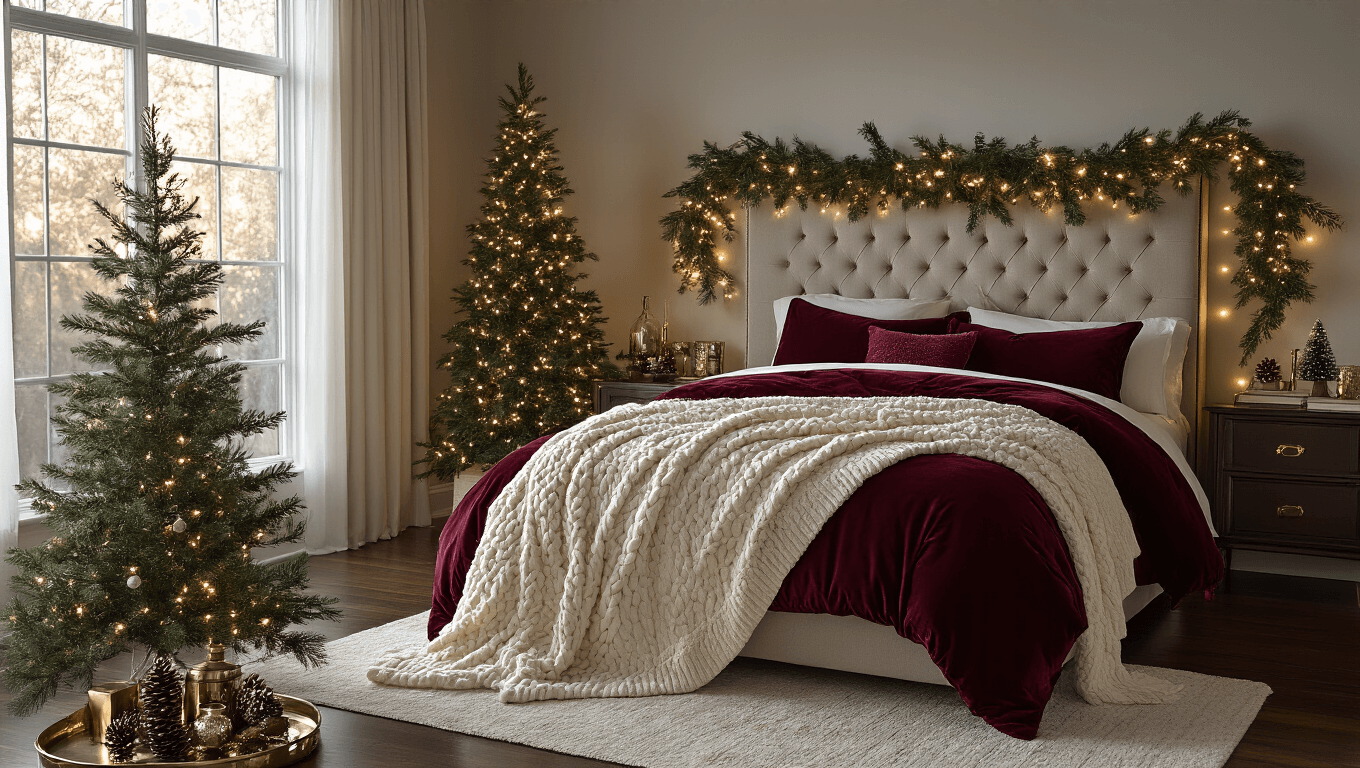 Luxurious Christmas bedroom with burgundy velvet bedding, evergreen garland, fairy lights, and warm wood accents, creating an inviting winter wonderland ambiance.