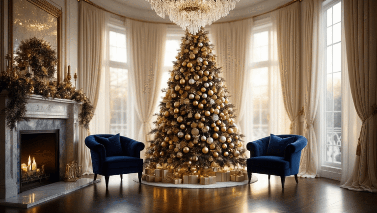 Transform Your Holiday with These Stunning Themed Christmas Tree Ideas That'll Make Santa Jealous A luxurious living room featuring a beautifully decorated Christmas tree with metallic ornaments, warm ambient lighting, velvet navy armchairs, and a marble fireplace, all exuding an inviting holiday atmosphere.