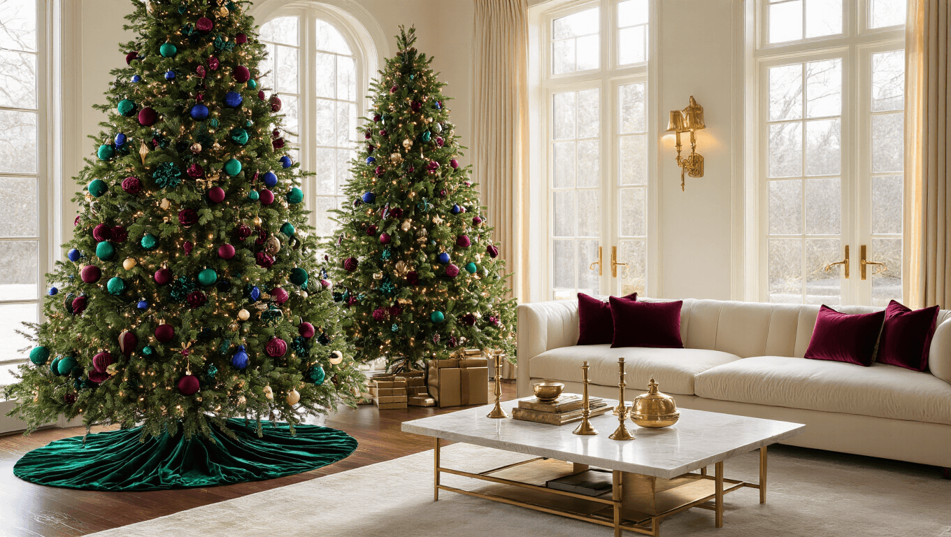 Cinematic wide shot of an elegant living room with a 9-foot Christmas tree adorned with emerald green, sapphire blue, and burgundy velvet ornaments, warm lighting, and cozy decor.