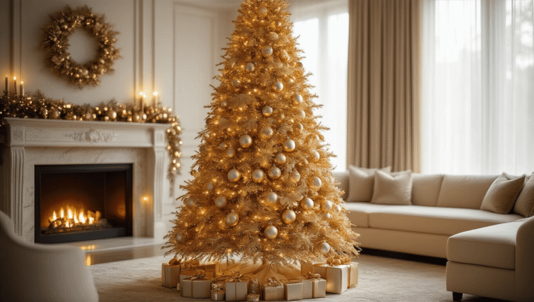 Cinematic wide shot of an 8-foot gold metallic Christmas tree adorned with champagne and silver ornaments, illuminated by warm LED lights, set in a luxurious living room with a cream sectional sofa and marble fireplace, exuding a cozy holiday atmosphere.