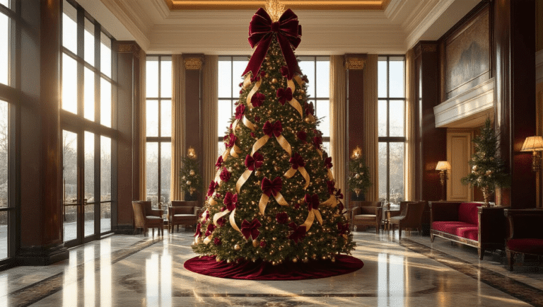 Photorealistic luxury hotel lobby with a 9-foot Fraser fir Christmas tree featuring burgundy velvet bows and champagne satin ribbons, illuminated by golden hour light, showcasing ornate marble floors and rich mahogany furniture in an elegant holiday ambiance.