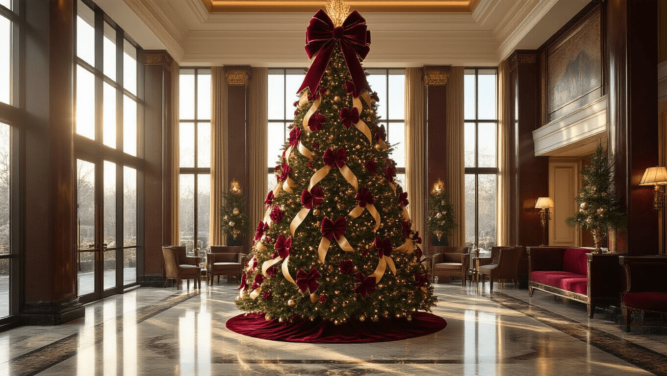 Photorealistic luxury hotel lobby with a 9-foot Fraser fir Christmas tree featuring burgundy velvet bows and champagne satin ribbons, illuminated by golden hour light, showcasing ornate marble floors and rich mahogany furniture in an elegant holiday ambiance.