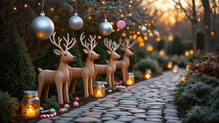 Magical Christmas Garden Ideas: Transform Your Outdoor Space into a Festive Wonderland A magical Christmas garden wonderland at twilight, featuring wooden reindeer along a cobblestone path, silver ornaments hanging from oak branches, colorful pool noodle candy decorations, and mason jar lanterns with warm lights. The scene showcases frost-kissed evergreen shrubs with a cozy home in the background, all illuminated in rich golden hour lighting and layered with twinkling string lights.