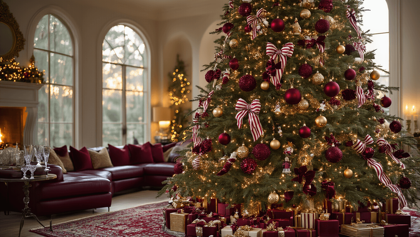 A grand 9ft Fraser fir Christmas tree adorned with burgundy velvet ornaments, oversized red-white striped bows, and warm gold metallics, illuminated by golden hour light in a luxurious living room featuring a deep burgundy leather sectional and Persian rugs, creating a cozy maximalist holiday atmosphere.