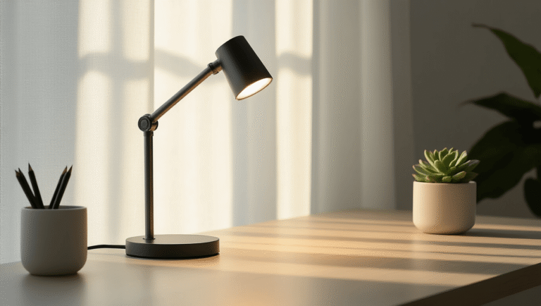 Cinematic close-up of a sleek aluminum desk lamp with matte black accents, casting warm light on a white oak workspace with soft morning sunlight filtering through sheer linen curtains, featuring gentle shadows, geometric lines, and a minimalist arrangement of a ceramic pen holder and a succulent plant.