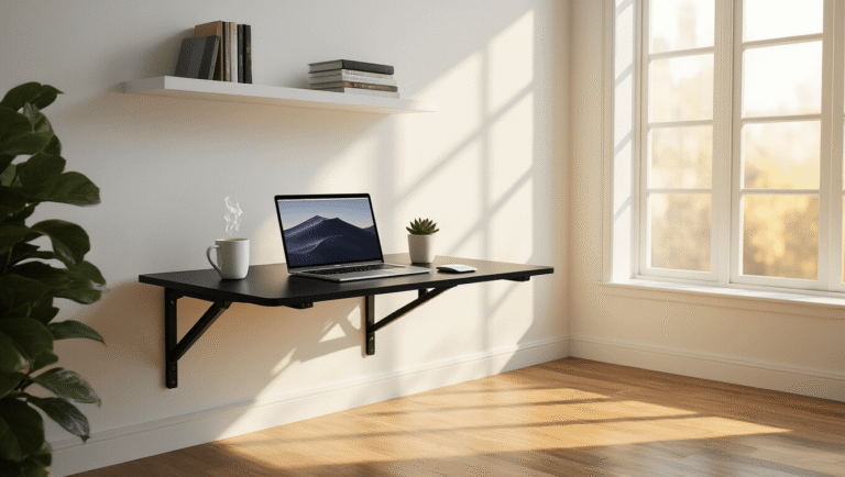 Minimalist folding wall desk with a MacBook Pro and steaming coffee mug against a white wall, illuminated by golden hour sunlight, featuring clean lines and a Scandinavian aesthetic.
