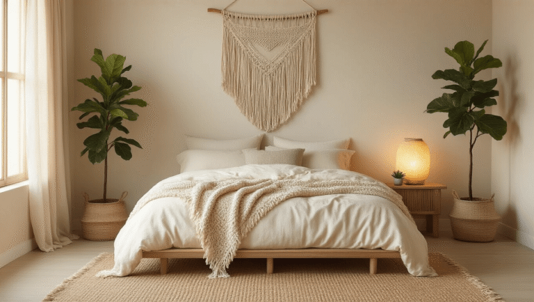 A serene minimalist boho bedroom featuring a low platform bed with cream linen bedding, macrame wall hanging, fiddle leaf fig, jute rug on pale oak floors, and warm beige walls, all bathed in soft morning light.