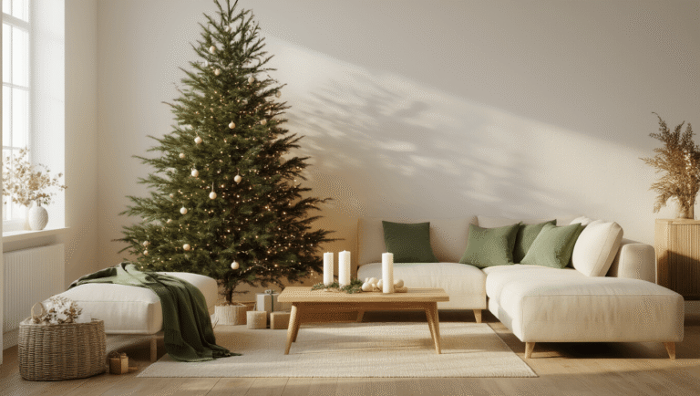 A serene minimalist Christmas living room featuring a sparse evergreen tree with wooden ornaments, warm white lights, a cream sectional sofa, and soft ambient lighting.