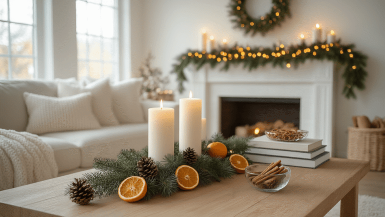 Minimalist Christmas living room with white candles, pine garland, and dried oranges on a mantel, featuring soft lighting and cozy decor.