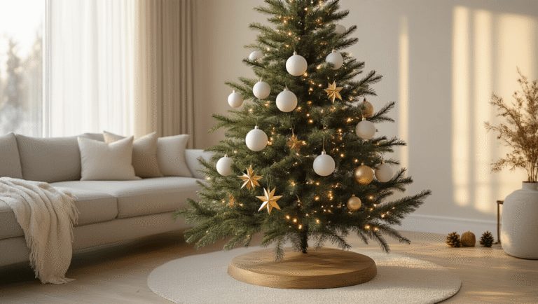 Elegant Fraser fir Christmas tree with white and gold ornaments in a modern living room, warm glow from LED lights, and cozy Scandinavian decor.