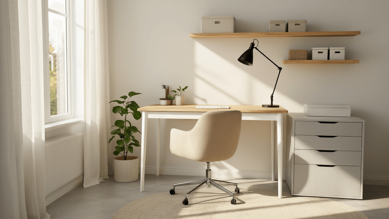 Minimalist home office with natural wood desk, warm beige chair, and light gray filing cabinet, illuminated by soft morning light through a north-facing window, featuring elegant decor and organized workspace.