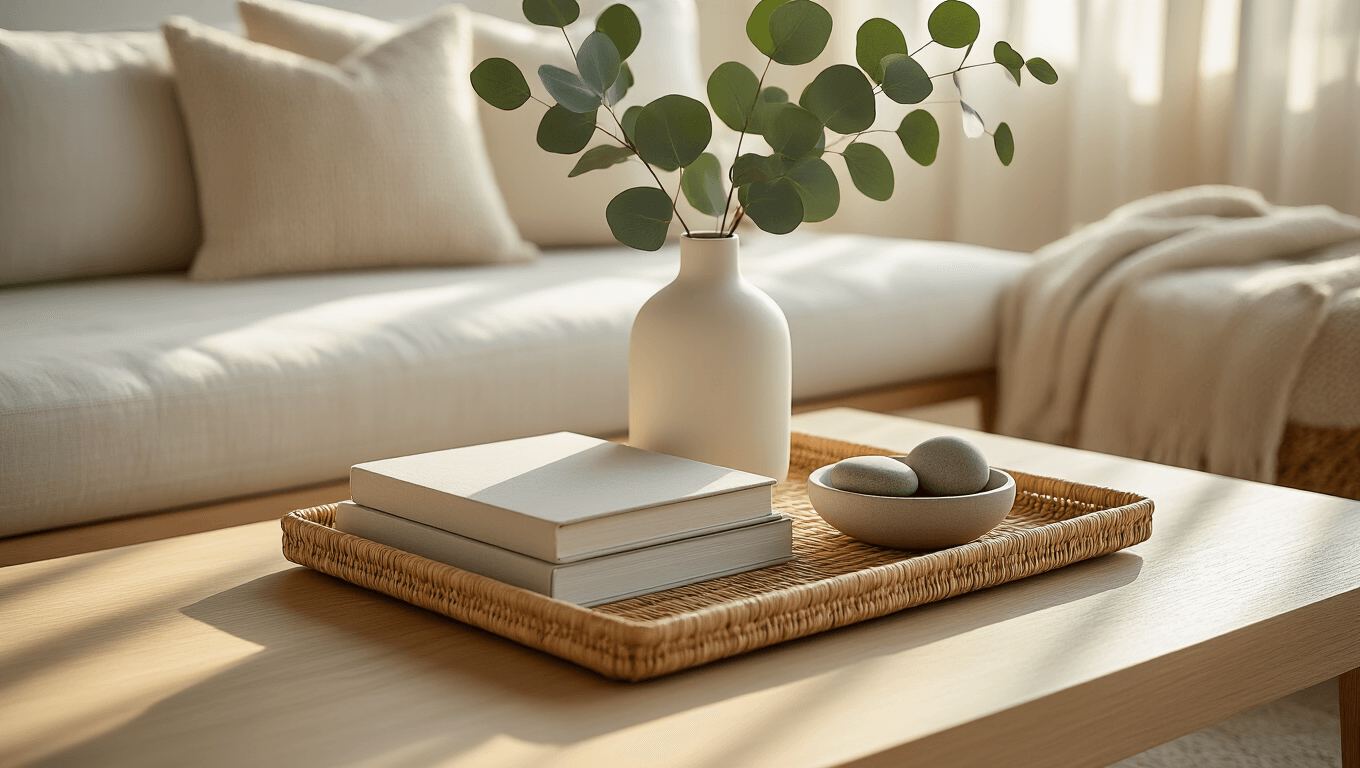 Cinematic close-up of a light oak coffee table styled with a rattan tray, stacked neutral books, a white ceramic vase with eucalyptus, a matte concrete candle holder, and river stones, bathed in warm golden hour light with a cream linen sofa in the background.