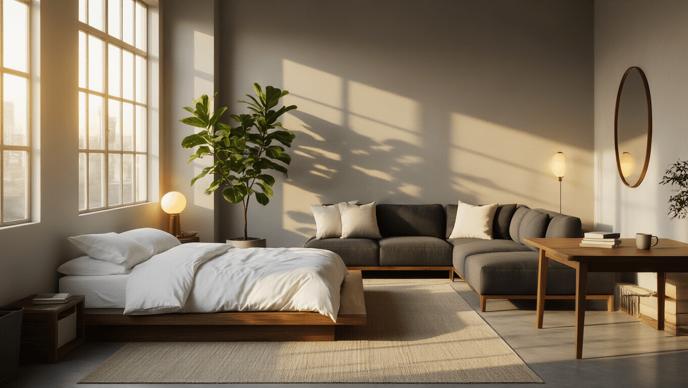 Wide-angle shot of a serene minimalist studio apartment with golden hour sunlight, featuring a low walnut platform bed, charcoal sectional sofa, small oak dining table, and a fiddle leaf fig plant, all set against warm gray walls and concrete floors.