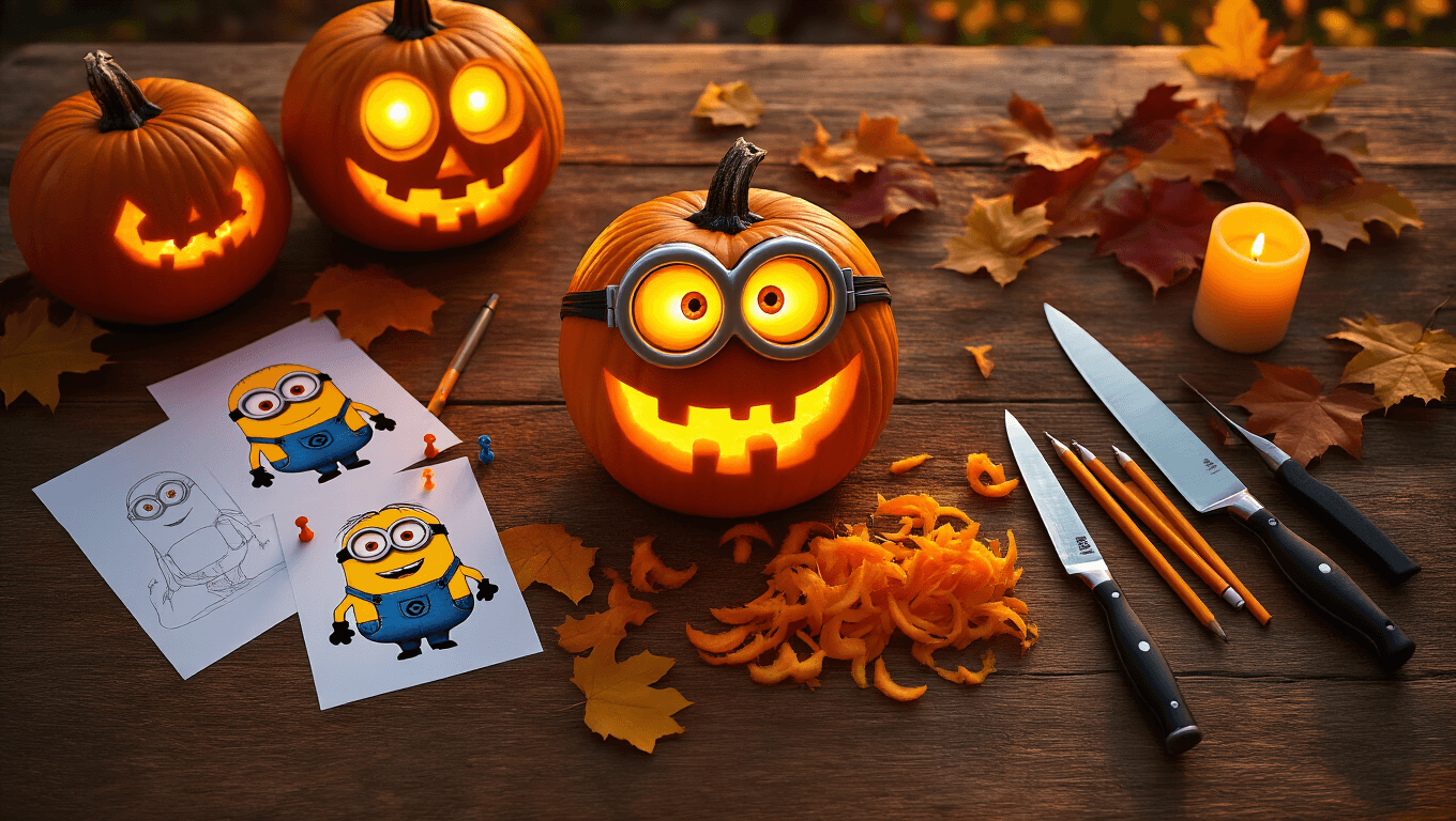 Cinematic overhead shot of a rustic wooden table displaying carved Minion pumpkins with glowing eyes, carving tools, printed templates, and soft autumn leaves, all illuminated by golden hour light.