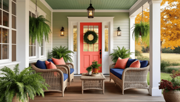 Mobile Home Porch Design Ideas: Transform Your Outdoor Space Cozy mobile home front porch at golden hour, featuring a sage green ceiling, white columns, wicker furniture with navy cushions, a bright coral front door, and hanging Boston ferns, all bathed in warm amber light.