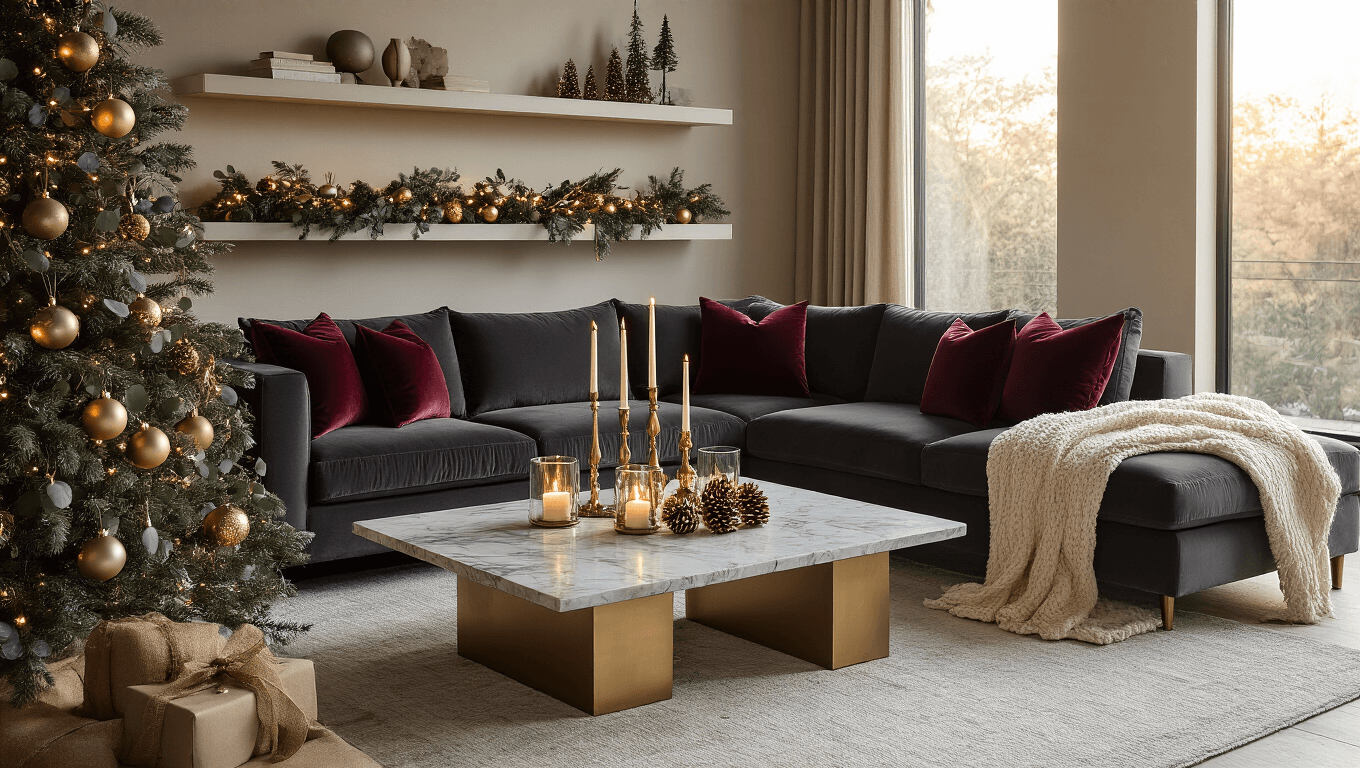 A modern Christmas living room featuring a charcoal sectional with burgundy velvet pillows, a marble coffee table with brass candlesticks, and mixed metallic ornaments on a minimalist tree, all illuminated by warm golden hour light.