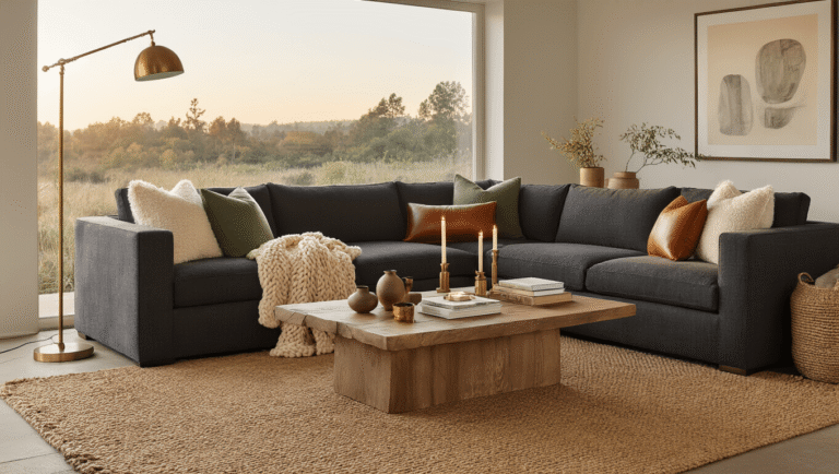 Cinematic wide-angle shot of a modern cozy living room featuring a charcoal sectional sofa with cream and sage green pillows, a chunky knit blanket, and a live-edge walnut coffee table, warmly lit by a three-point lighting system, with soft morning light streaming through sheer curtains.