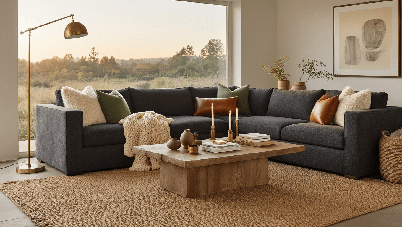 Cinematic wide-angle shot of a modern cozy living room featuring a charcoal sectional sofa with cream and sage green pillows, a chunky knit blanket, and a live-edge walnut coffee table, warmly lit by a three-point lighting system, with soft morning light streaming through sheer curtains.