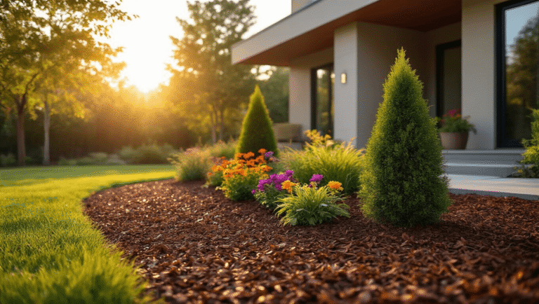 Mulch Landscaping: Transform Your Outdoor Space with Style and Function Professional landscape photography of a modern front yard with rich brown wood chip mulch, mature evergreens, and colorful perennials, captured during golden hour with warm lighting and dramatic shadows across textured surfaces.