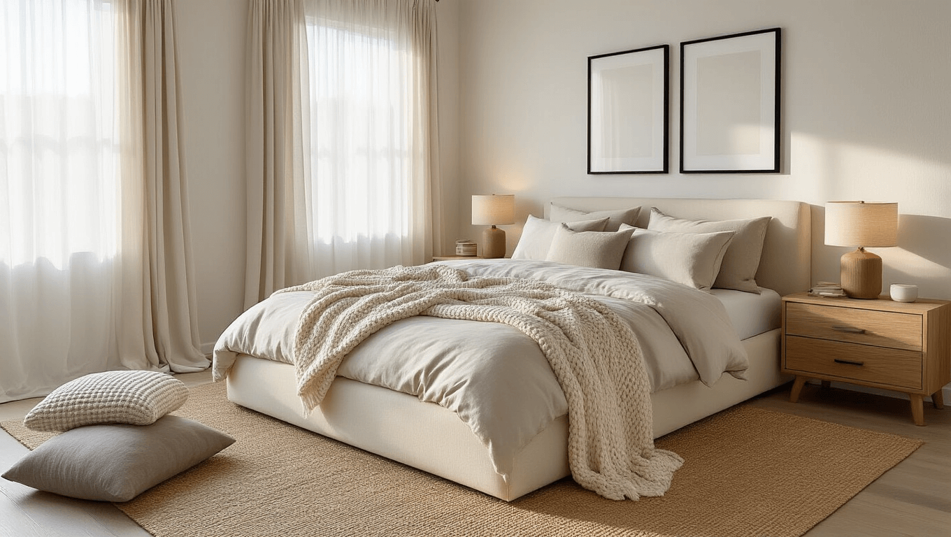 Photorealistic modern neutral bedroom featuring a cream platform bed with chunky knit throws, dove grey accent pillows, oak nightstands with warm lamps, and a jute area rug, all bathed in warm morning light from sheer curtains, showcasing layered textures in cream and taupe tones against white walls.
