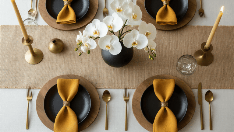 Cinematic overhead shot of a modern Thanksgiving tablescape featuring a white linen tablecloth, burlap runner, wooden charger plates, matte black dinnerware, mustard linen napkins, tall brass taper candles, and a minimalist white orchid centerpiece, creating an elegant and inviting atmosphere.