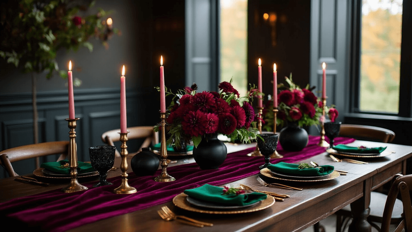 Cinematic wide-angle shot of a moody fall wedding tablescape featuring a dark walnut table with burgundy velvet elements, emerald green accents, flickering brass candlesticks, and rich jewel tones, creating an intimate and romantic atmosphere.