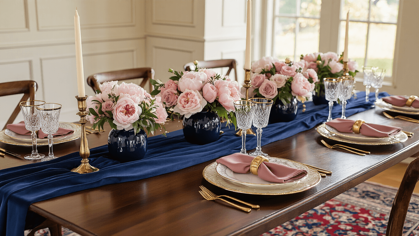 Elegant wedding tablescape featuring deep navy silk table runner, dusty rose napkins with gold rings, crystal stemware, fresh peony centerpieces in navy vases, gold-rimmed plates, and brass candlesticks, set in a mahogany dining room with cream walls and a Persian rug, illuminated by soft natural light.