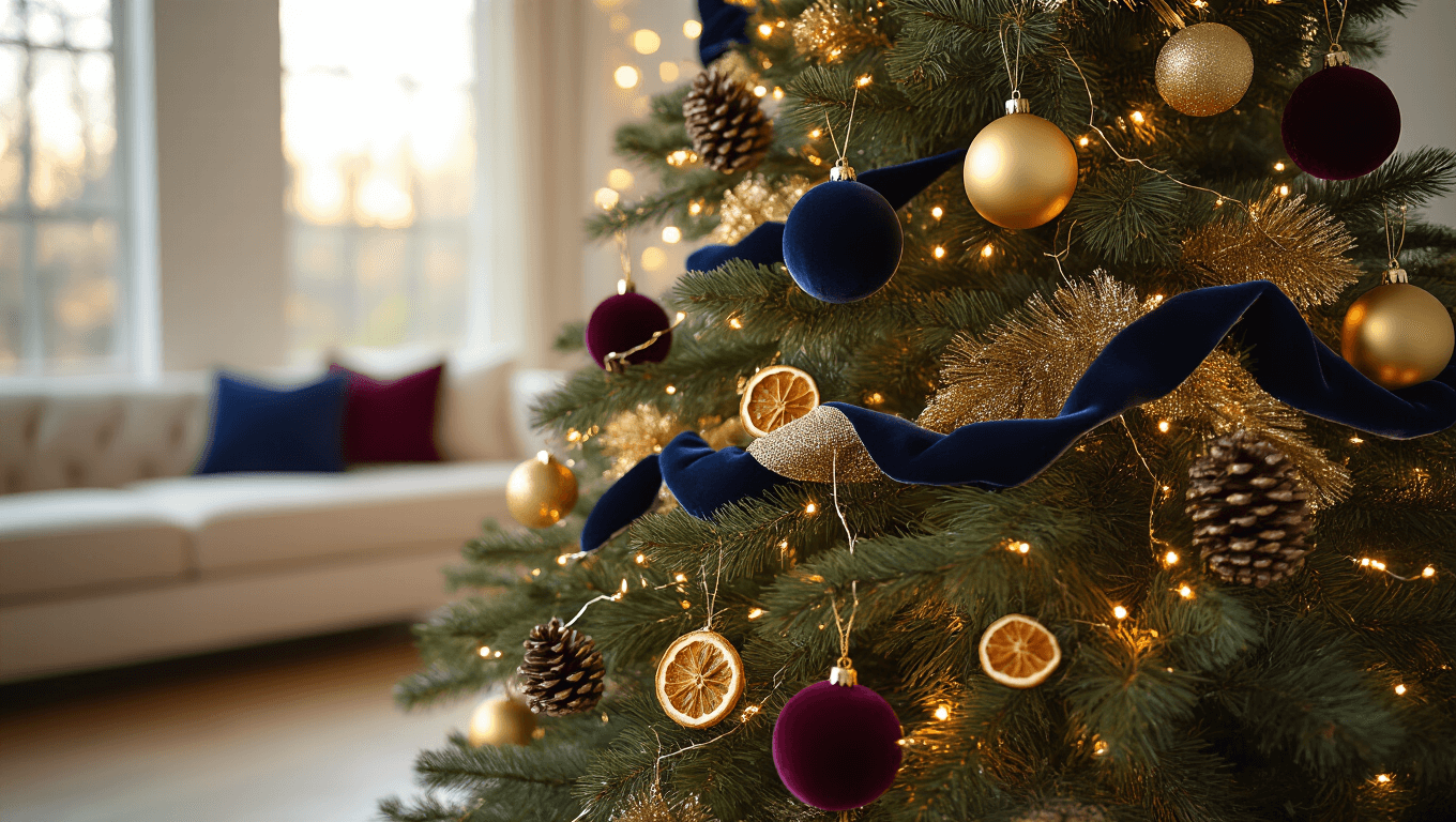 Cinematic close-up of an elegant navy and gold Christmas tree adorned with velvet ribbons and metallic ornaments, set in a cozy living room with warm lighting and rich textures.