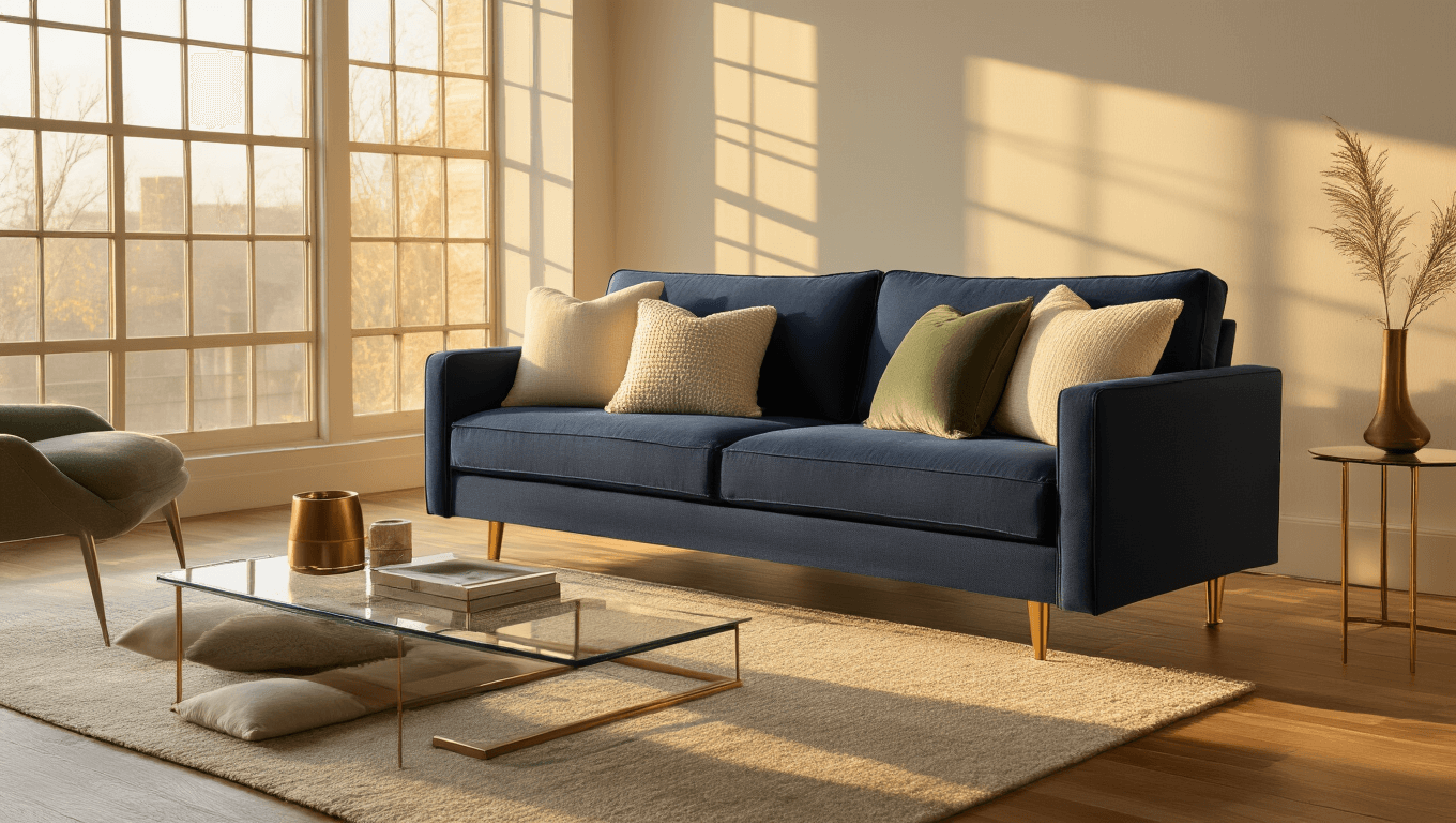 Cinematic interior shot of a modern navy convertible sleeper chair with cream and sage green throw pillows, set on warm honey wood floors, featuring a minimalist glass coffee table with brass accents, illuminated by golden hour light through large windows, creating a cozy and inviting atmosphere.