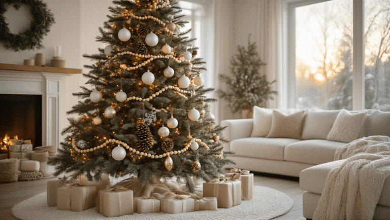 Elegant neutral Christmas tree with white ornaments and natural garlands in a modern living room during golden hour, featuring cozy decor and warm lighting.