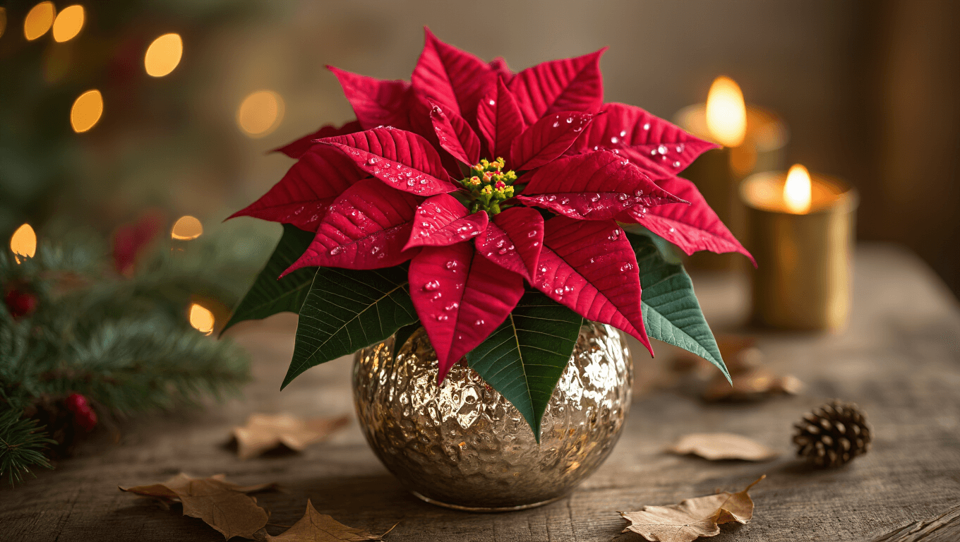 Close-up of a vibrant red poinsettia with dewdrops on its velvety bracts, showcasing tiny yellow flowers in the center, elegantly positioned in a mercury glass planter on a rustic wood surface, surrounded by pine needles and brass candlesticks, all illuminated by warm, golden hour light for a cozy holiday atmosphere.