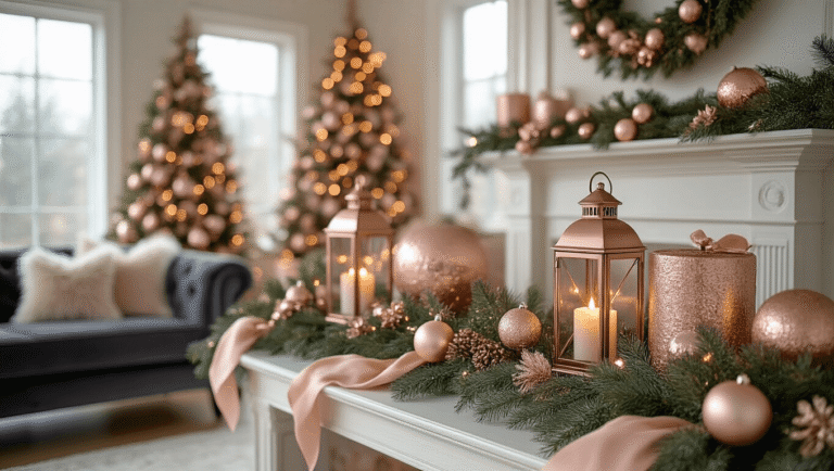 Luxurious Christmas mantel decorated in rose gold theme with ornaments, copper lanterns, and blush ribbon in an elegant living room setting.