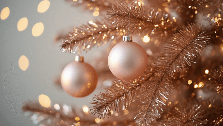 Tinsel Christmas Tree Magic: How I Fell in Love with the Sparkliest Holiday Trend Cinematic close-up of a rose gold tinsel Christmas tree with matte blush pink and cream baubles, softly illuminated in warm golden hour light against a clean white background, emphasizing shimmering textures and elegant holiday atmosphere.