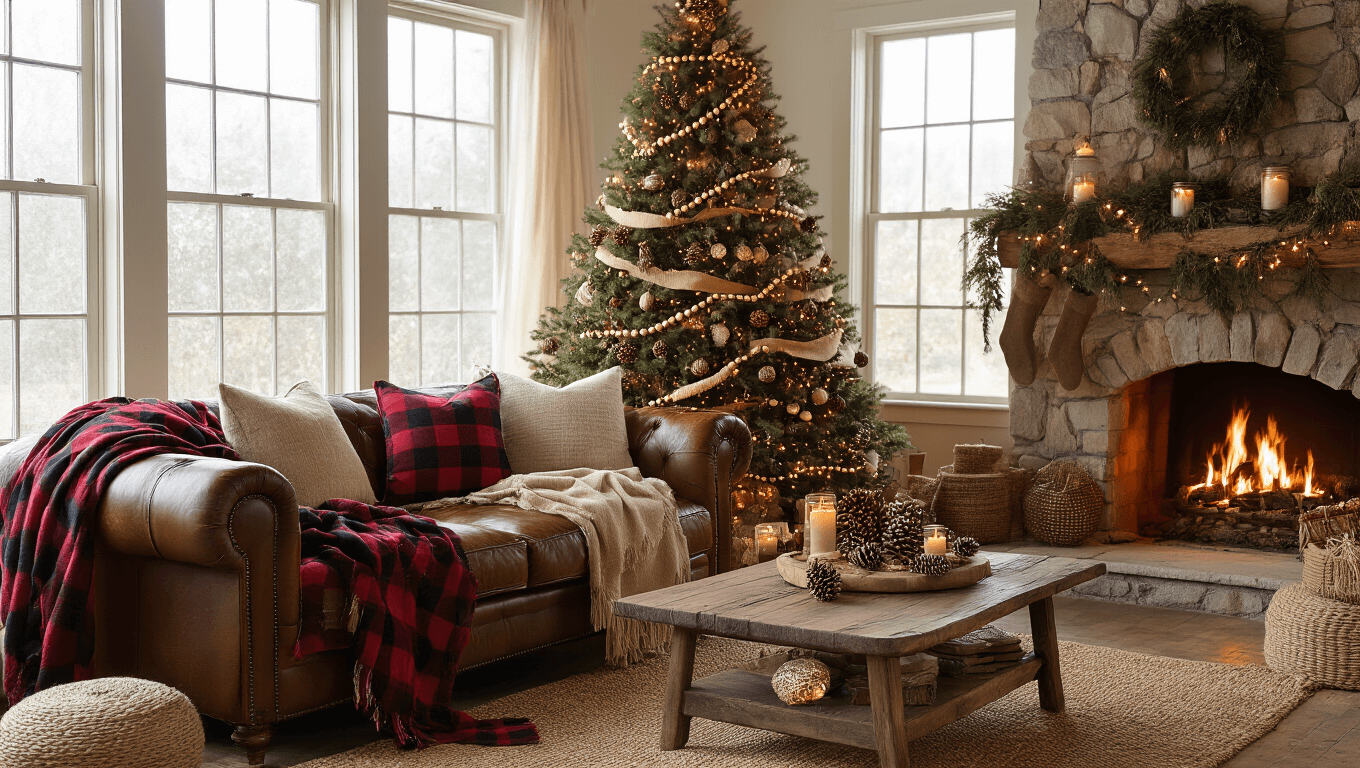 Cozy rustic Christmas living room featuring a leather sofa with plaid throws, a beautifully decorated tree with wooden beads and pinecone ornaments, and a warm stone fireplace, all bathed in golden hour lighting.