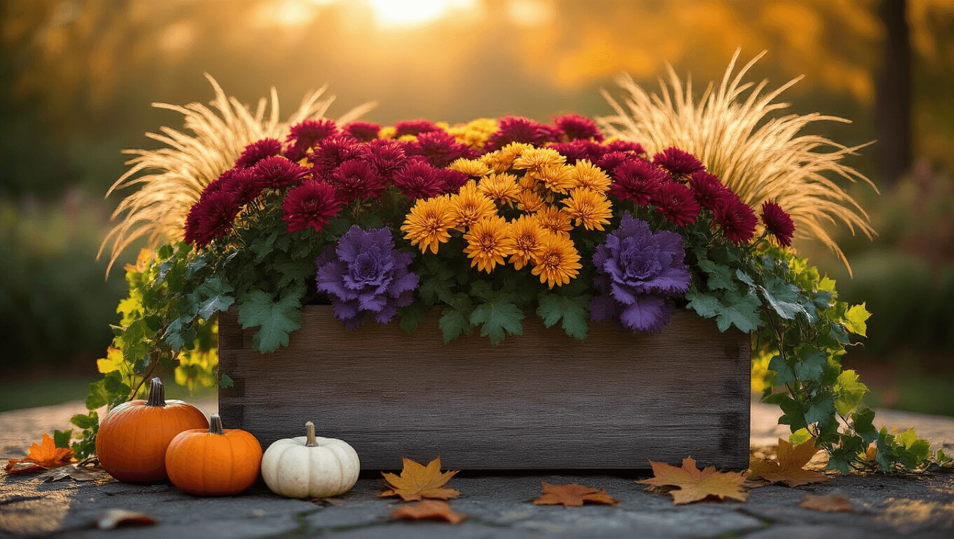 Cinematic wide-angle shot of a rustic wooden planter brimming with burgundy chrysanthemums, purple ornamental kale, and fountain grass in warm autumn sunlight, accented by cascading ivy, mini pumpkins, and scattered maple leaves.