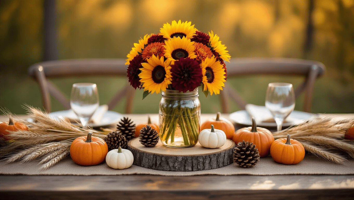Rustic fall wedding centerpiece with mason jar of sunflowers and dahlias on a wooden slice, surrounded by mini pumpkins and pine cones, on a burlap runner under warm golden hour lighting.