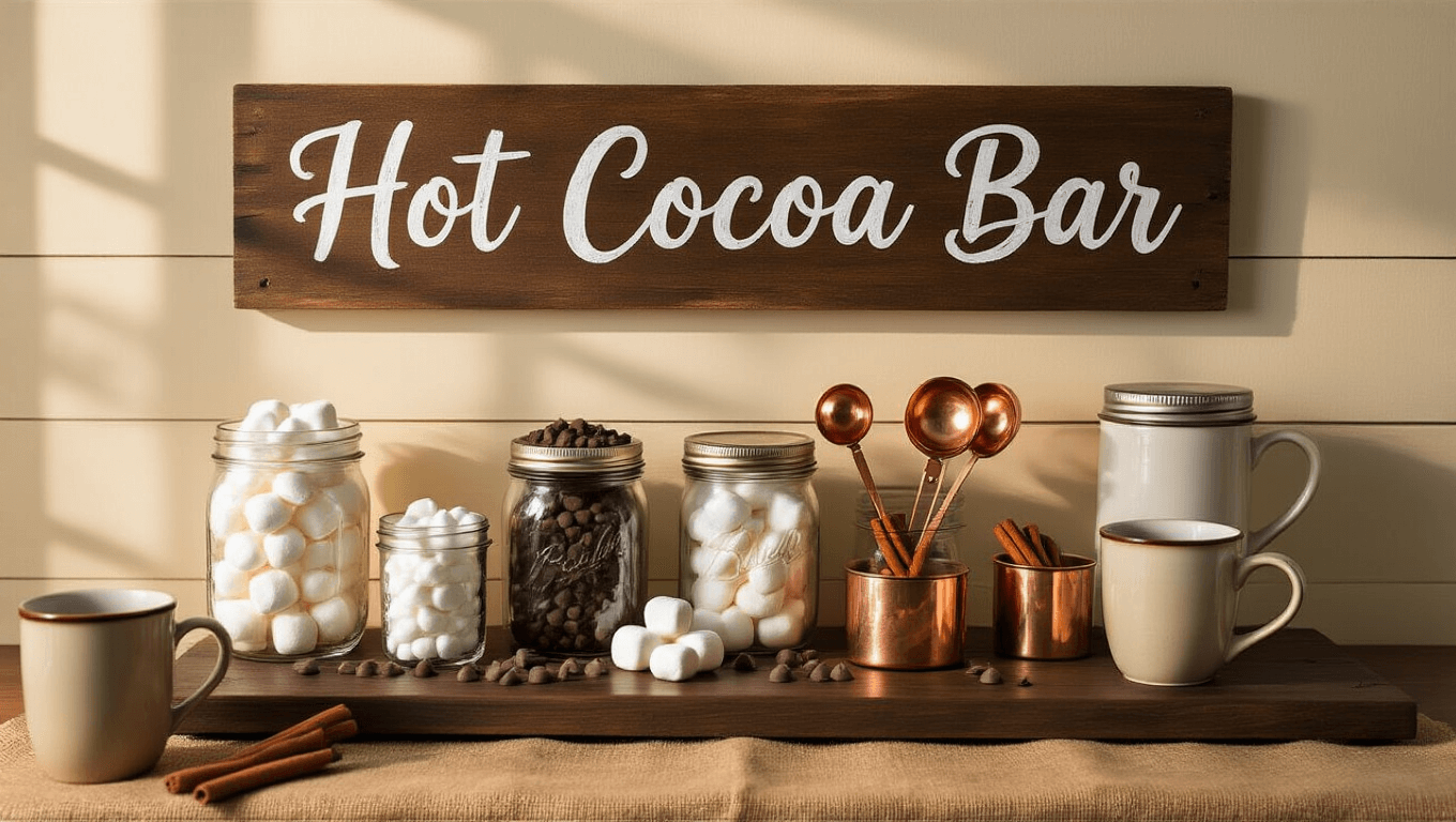 Cinematic wide shot of a rustic hot cocoa bar with a wooden "Hot Cocoa Bar" sign, filled mason jars of marshmallows and chocolate, glowing copper spoons, and steaming ceramic mugs, all set against cream shiplap walls during golden hour.