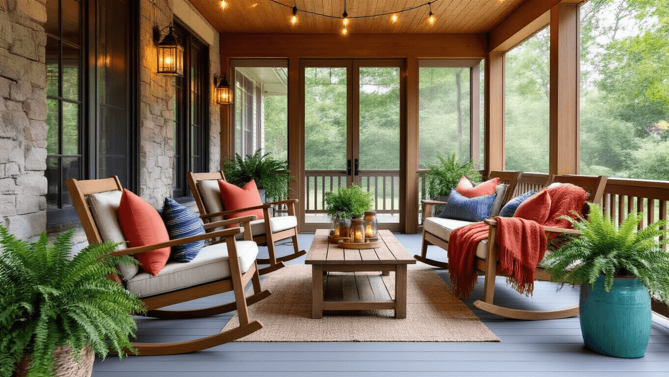 Cinematic wide-angle view of a cozy screened front porch featuring honey-toned cedar framing, weathered teak rocking chairs with striped cushions, a rustic wood coffee table with lanterns and ferns, soft grey decking, ambient string lights, vintage side table with coffee mugs, colorful outdoor pillows, and hanging plants, all bathed in warm golden hour lighting.