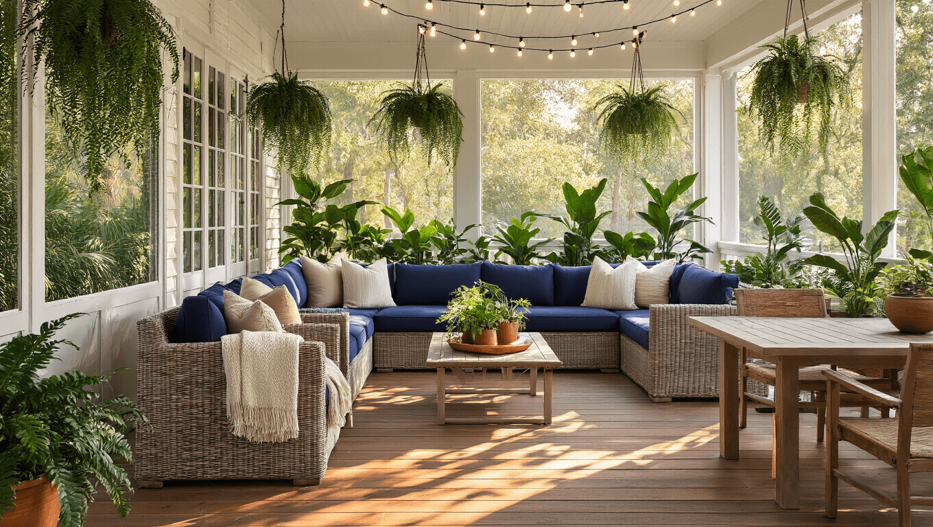 A luxurious screened porch during golden hour with honey-colored decking, a navy blue sectional, a teak dining table, cascading ferns, and warm string lights, creating a cozy outdoor living sanctuary.