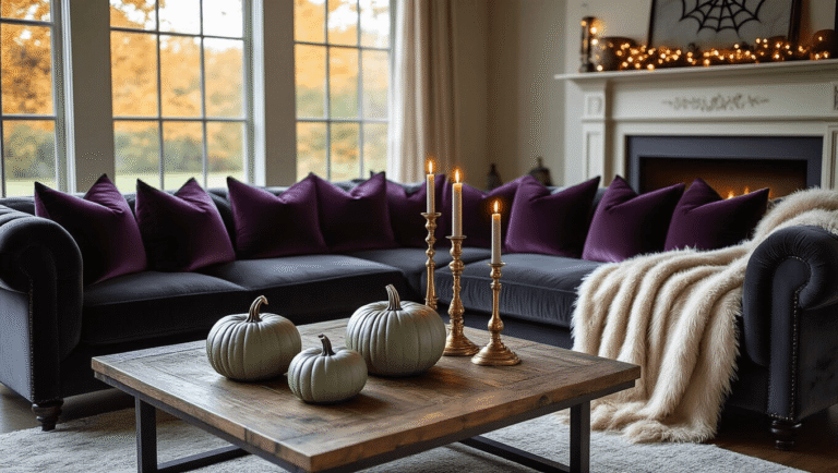 Classy Halloween Home Decor: Elevate Your Seasonal Styling with Sophisticated Spook A sophisticated Halloween-themed living room featuring a charcoal velvet sofa with deep plum throw pillows, a reclaimed wood coffee table, burnished brass candlesticks with flickering candles, muted sage ceramic pumpkins, and a warm ambiance created by LED string lights, highlighting the rich textures and colors of the decor.