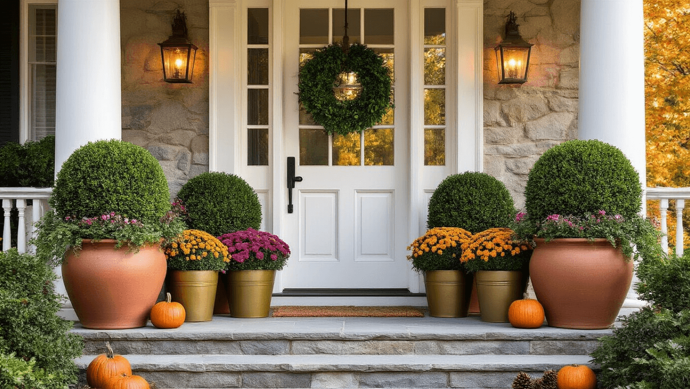 Cinematic front porch entrance with symmetrical terracotta and ceramic planters filled with boxwood and seasonal flowers, illuminated by golden hour light, featuring rustic autumn decorations and charming cottage-style elements.