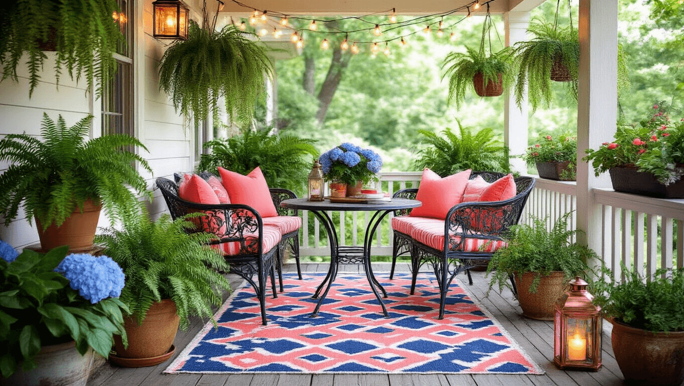 A charming small front porch adorned with lush greenery, featuring potted ferns, coral-pink dipladenia, and blue hydrangeas, complemented by a vintage bistro set with vibrant cushions, layered geometric outdoor rug, warm string lights, and flickering candles, all captured during golden hour.