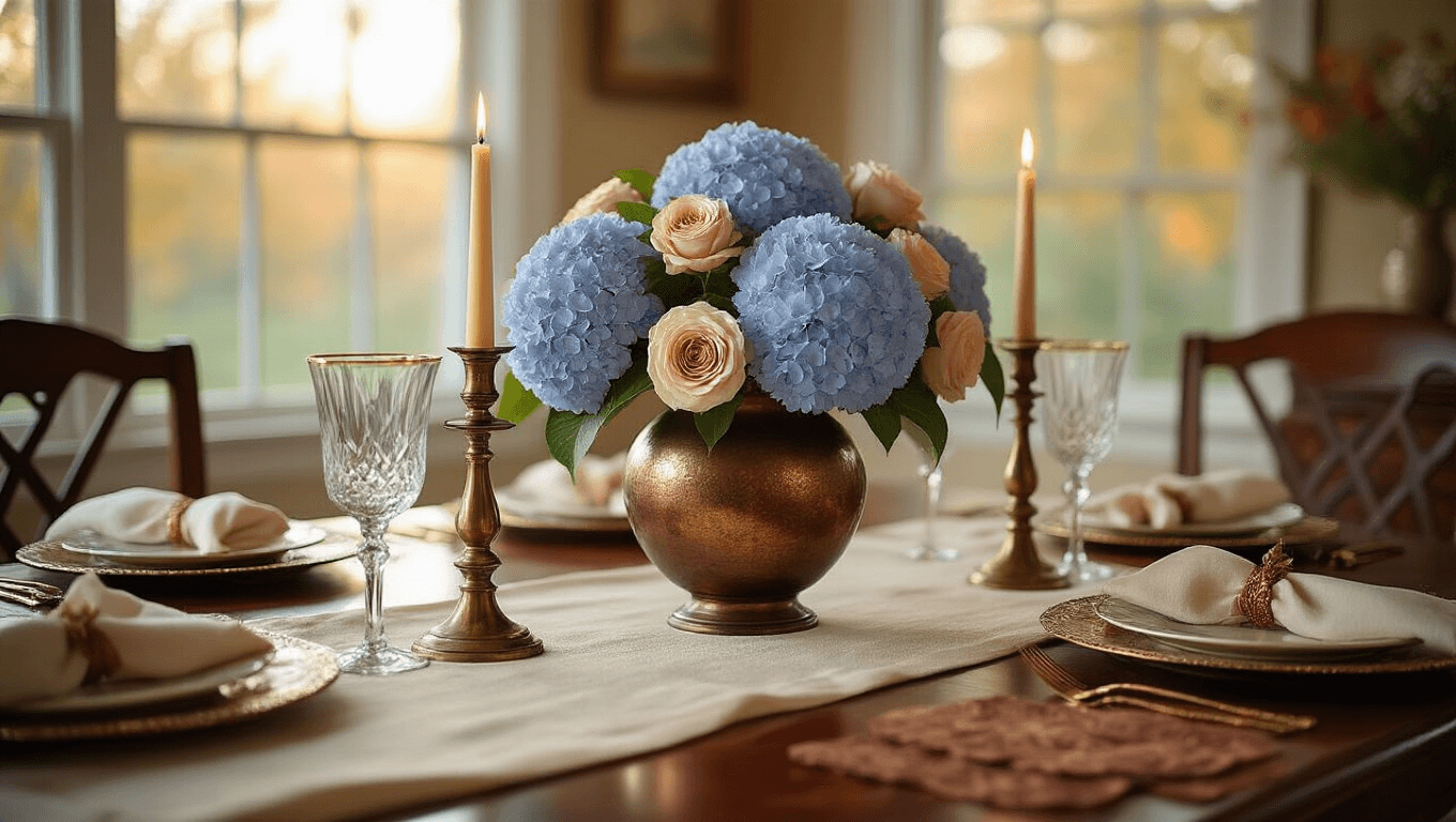 Elegant Thanksgiving centerpiece with antique blue hydrangeas and blush roses in a bronze vase on a mahogany table, featuring a cream linen runner, brass candlesticks, copper charger plates, embroidered napkins, and a warm golden hour glow, creating an intimate atmosphere.