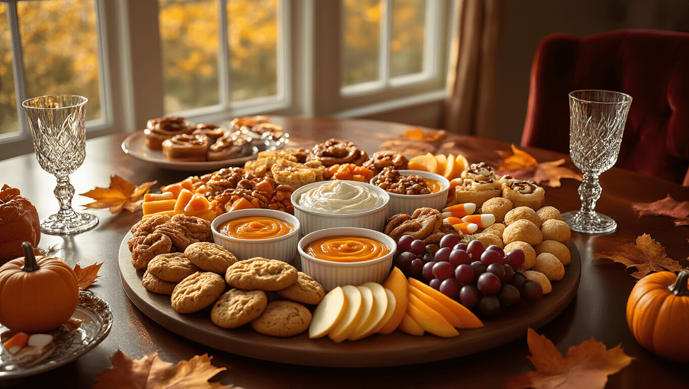 Cinematic overhead view of an elaborate Thanksgiving dessert charcuterie board featuring pumpkin cream cheese dip, caramel sauce, autumn-spiced cookies, and fresh fruits, set on a rich mahogany table with warm golden hour lighting and a luxurious autumn atmosphere.